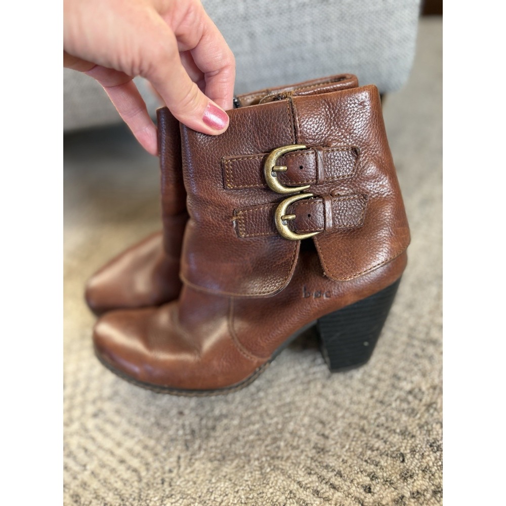 Born Brown Leather Double Buckle Ankle Bootie Folkart Chic Western Block Heel